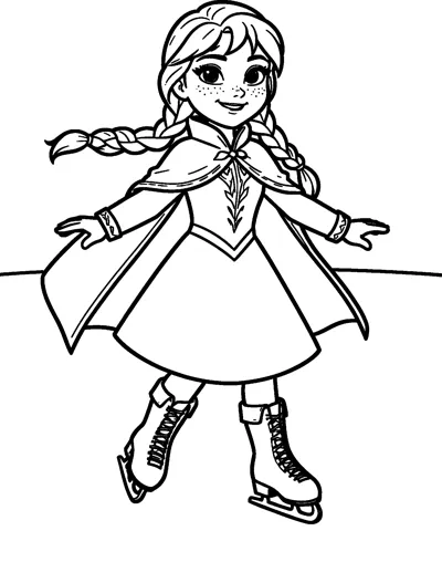 Anna with her braids flying skates across a frozen pond, her cloak flaring out behind her.