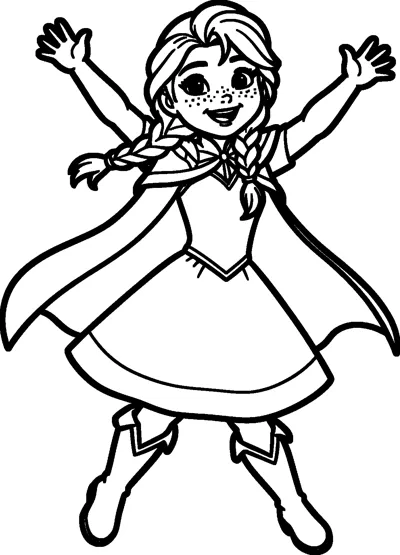 Anna with two braids and a flowing cape leaps in the air with both arms raised high.
