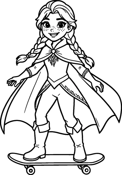 Anna with two braids and a flowing cloak balances on a skateboard with her arms out.