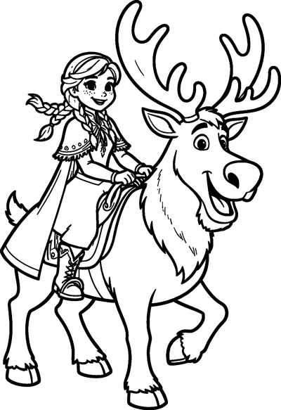 Anna with two braids and a cloak rides on Sven the reindeer, who smiles as he trots along.