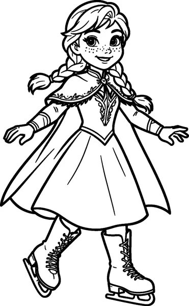 Anna with two braids and a short cloak glides along on ice skates with her arms stretched out for balance.