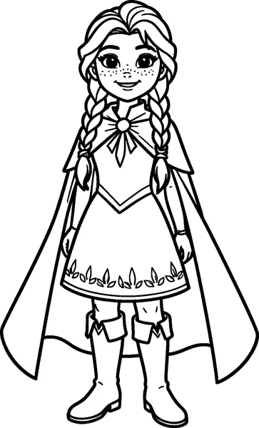 Anna with two braids stands smiling in a dress, boots and a long cape that reaches the ground.