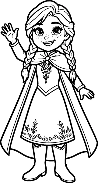 Anna from Frozen waving cheerfully in her cape and boots, with freckles on her cheeks and two braids over her shoulders.