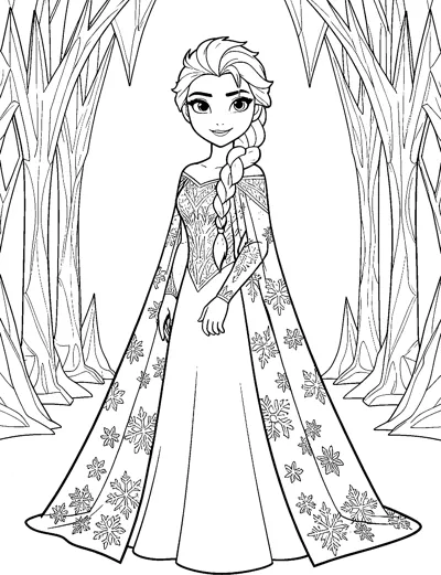 Elsa from Frozen in her detailed ice gown and snowflake cape, standing among tall jagged ice crystals in her frozen palace.