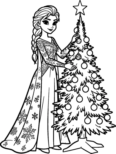 Elsa in her snowflake gown hangs a bauble on a tall Christmas tree topped with a star.