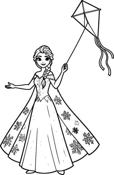 Elsa in her ice gown and long cape holds a string as a diamond kite with long tails flies above her.