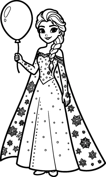 Elsa in her snowflake gown and cape smiles while holding the string of a big round balloon.