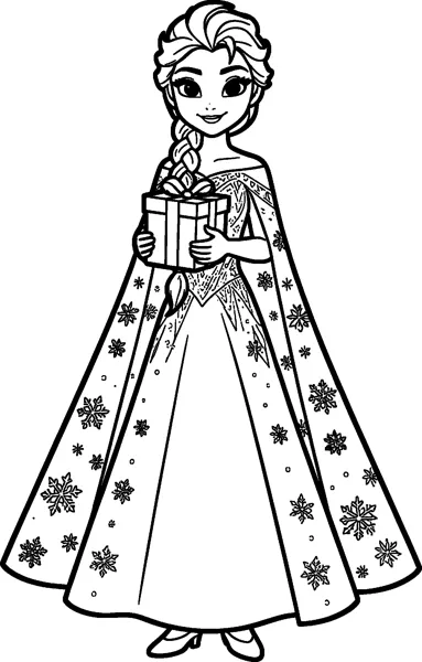 Elsa in her ice gown and long snowflake cape holds a wrapped gift box with a bow.