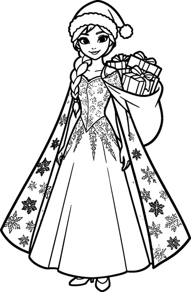 Elsa wears a Santa hat and her snowflake gown while carrying a sack full of wrapped presents.