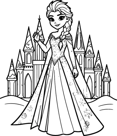 Elsa in her snowflake gown and cape raises one hand in front of a tall palace with pointed towers.