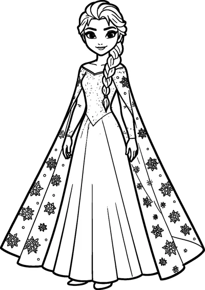 Elsa stands smiling in her fitted ice gown with a long snowflake cape spreading out behind her.
