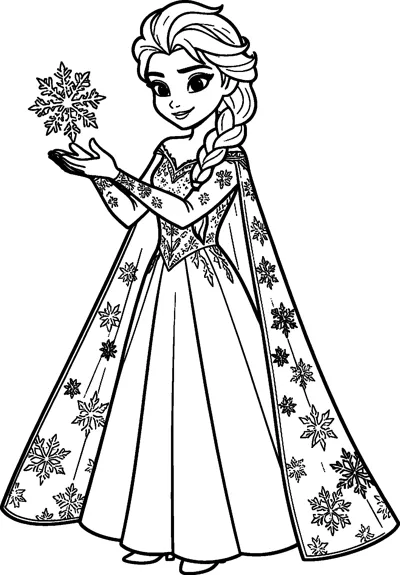 Elsa in her ice gown and long snowflake cape holds out one hand as a large snowflake floats above it.