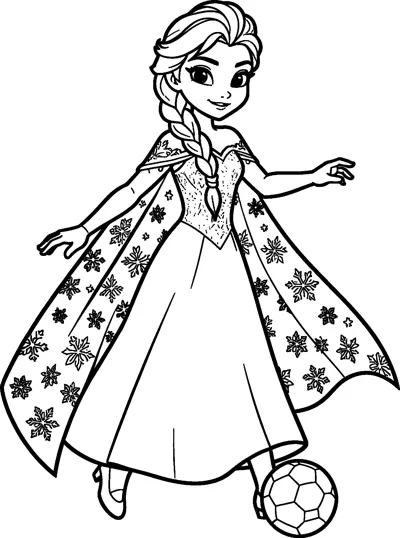 Elsa in her snowflake gown and flowing cape kicks a soccer ball with a happy smile.