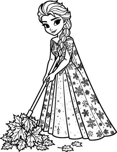 Elsa in her snowflake gown uses a rake to gather a pile of autumn leaves.