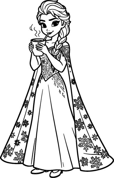 Elsa in her snowflake gown and cape sips steaming hot cocoa from a mug through a straw.