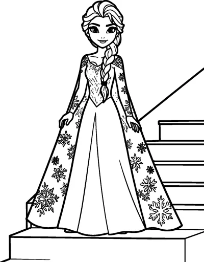 Elsa from Frozen standing on a step of an ice staircase in her long gown and snowflake cape, with her braid over her shoulder.