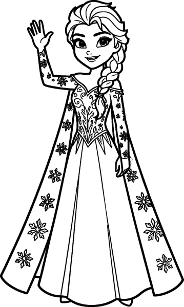 Elsa from Frozen waving hello in her long ice gown and flowing snowflake cape, with her single braid over one shoulder.