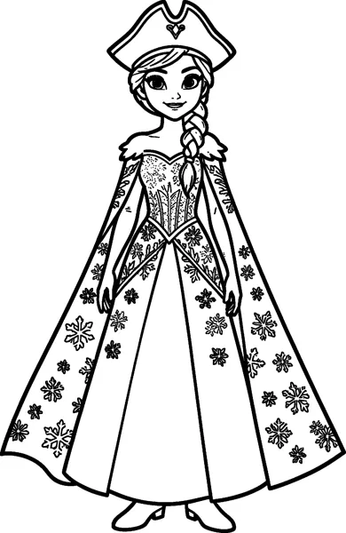 Elsa wears a three-cornered pirate hat with her snowflake gown, fur-trimmed shoulders and long cape.