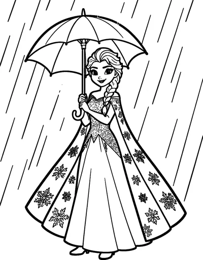 Elsa in her snowflake gown and cape stands under an open umbrella as rain falls around her.
