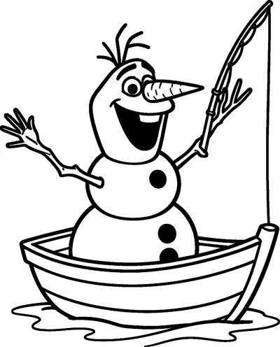 Olaf the snowman sits in a small wooden rowing boat, holding a fishing rod and waving.
