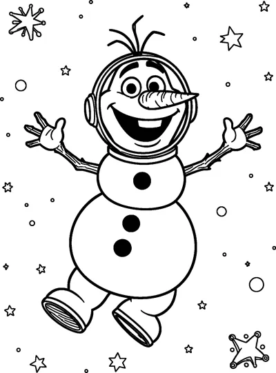 Olaf the snowman floats among stars and planets wearing a space helmet ring and big moon boots.