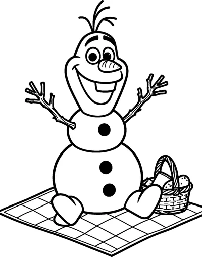 Olaf the snowman sits on a checked picnic blanket next to a basket full of food.
