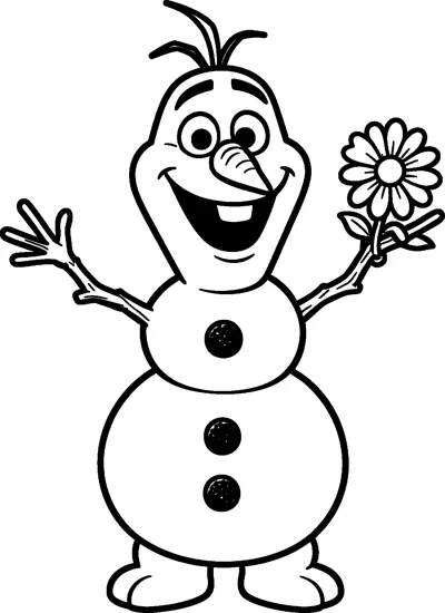 Smiling Olaf the snowman waves one twig arm while holding up a large daisy in the other.