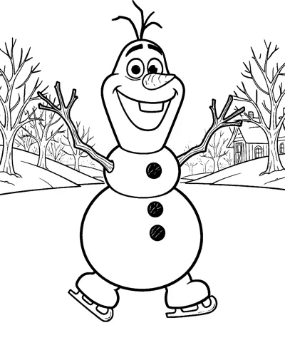 Olaf the snowman skates across a frozen pond with bare trees and a snowy cottage in the background.
