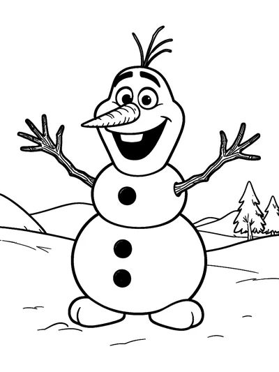 Olaf the snowman waves his twig arms in a snowy field with hills and pine trees behind him.