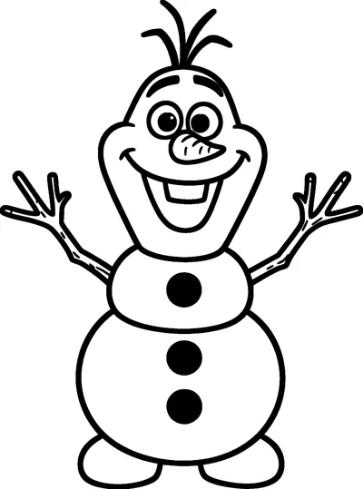 Olaf the snowman from Frozen grinning with his twig arms raised, three round buttons down his front and snowball feet.