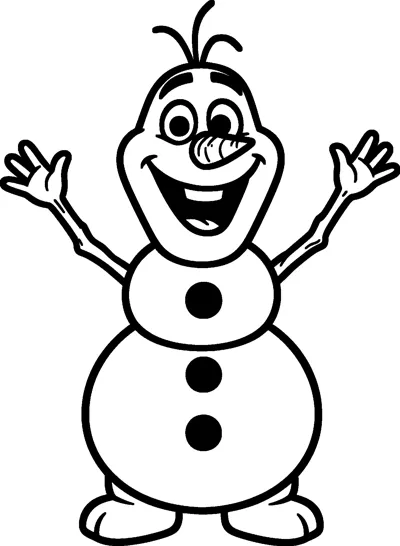 Olaf the snowman stands with a huge smile, both twig arms raised high as he waves hello.