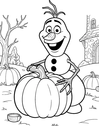 Olaf the snowman grins as he holds a giant pumpkin in an autumn garden with trees and a stone cottage.