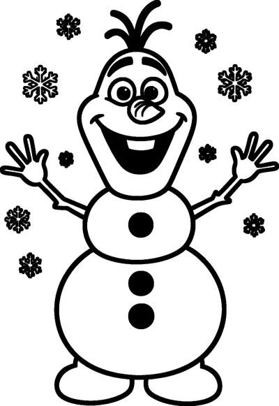 Olaf the snowman waves both arms as small snowflakes fall all around him.