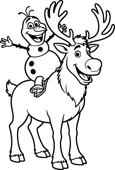 Sven the reindeer grins with his big antlers raised while Olaf the snowman sits on his back and waves.