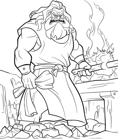 A scowling bearded god holds a hammer beside a flaming forge and rocks.