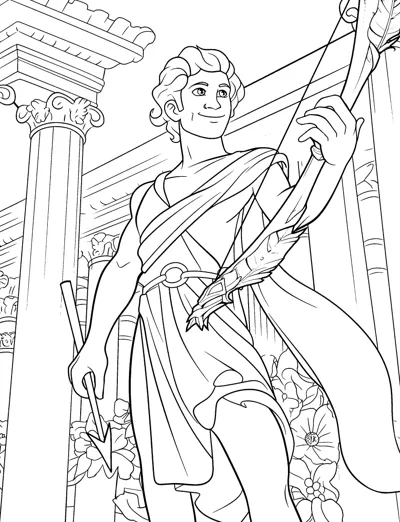 A young god in a tunic holds a bow and arrow in front of temple columns.
