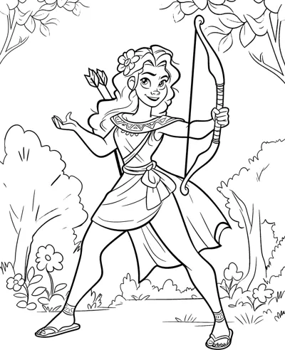 A goddess in a short tunic holds a bow and reaches for an arrow in a forest clearing.