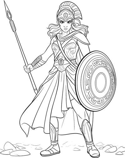 A goddess in full armor and helmet stands holding a spear and a round shield.