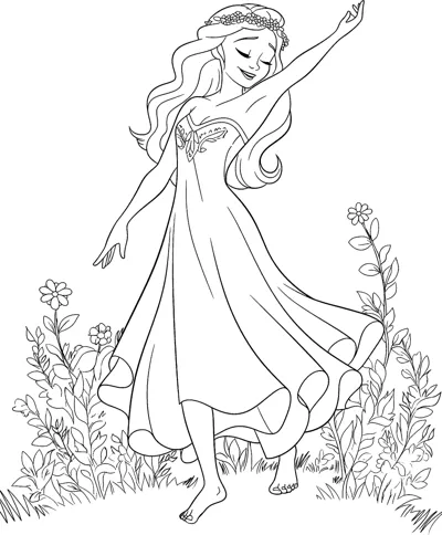 A woman in a light dress dances barefoot on grass with one arm raised, flowers around her.
