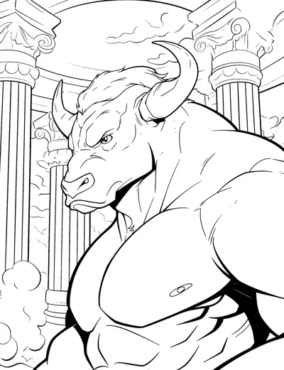 A muscular bull-headed creature glares between tall stone pillars.