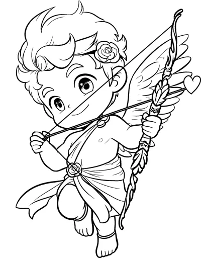 A winged cherub with a flower in his hair draws a bow and arrow.
