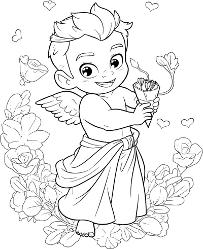 A winged cherub in a toga holds a small bouquet surrounded by roses and hearts.