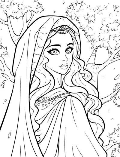 A wide-eyed woman wearing a jeweled circlet and veil over long wavy hair, with trees behind her.