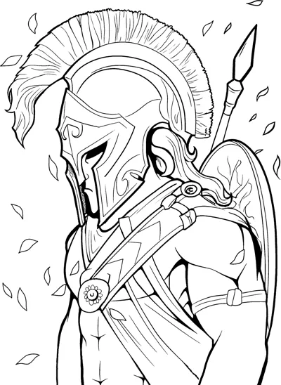 A side view of a warrior in a tall crested helmet holding a spear as leaves fall.