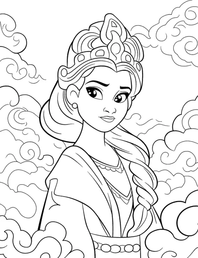 A woman with a tall crown and a long braid over her shoulder, surrounded by swirling clouds.