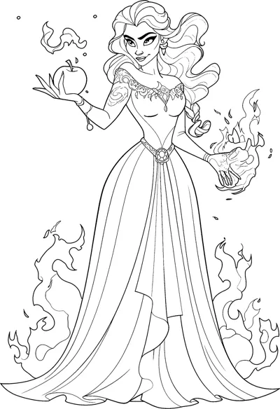 A woman in a gown holds an apple while flames rise from her hand and swirl around her.