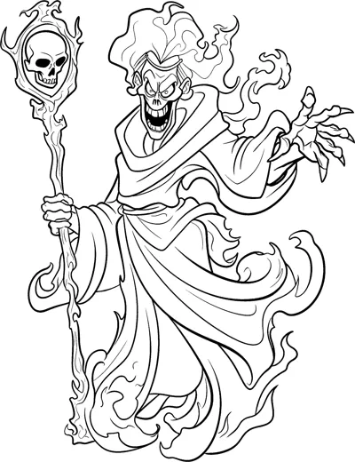 A robed sorcerer with a flaming skull head holds a skull-topped staff.