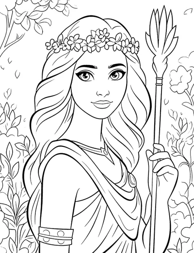 A goddess with a flower crown and long hair holds a staff among leafy branches.