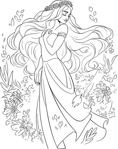 A woman with very long flowing hair and a flower crown stands in a meadow of wildflowers.