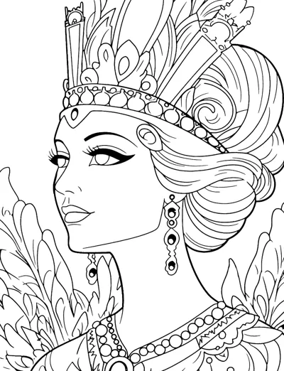 Profile of a woman wearing a tall jeweled crown shaped like peacock feathers, with long earrings.
